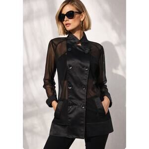 Luii Medium Black Sheer Mesh Jacket Opaque Panel Double Breasted Statement Layer